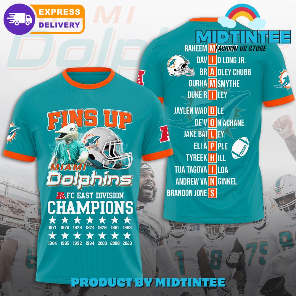 Miami Dolphins Fins Up 2023 Champions 3D T-Shirt - Midtintee