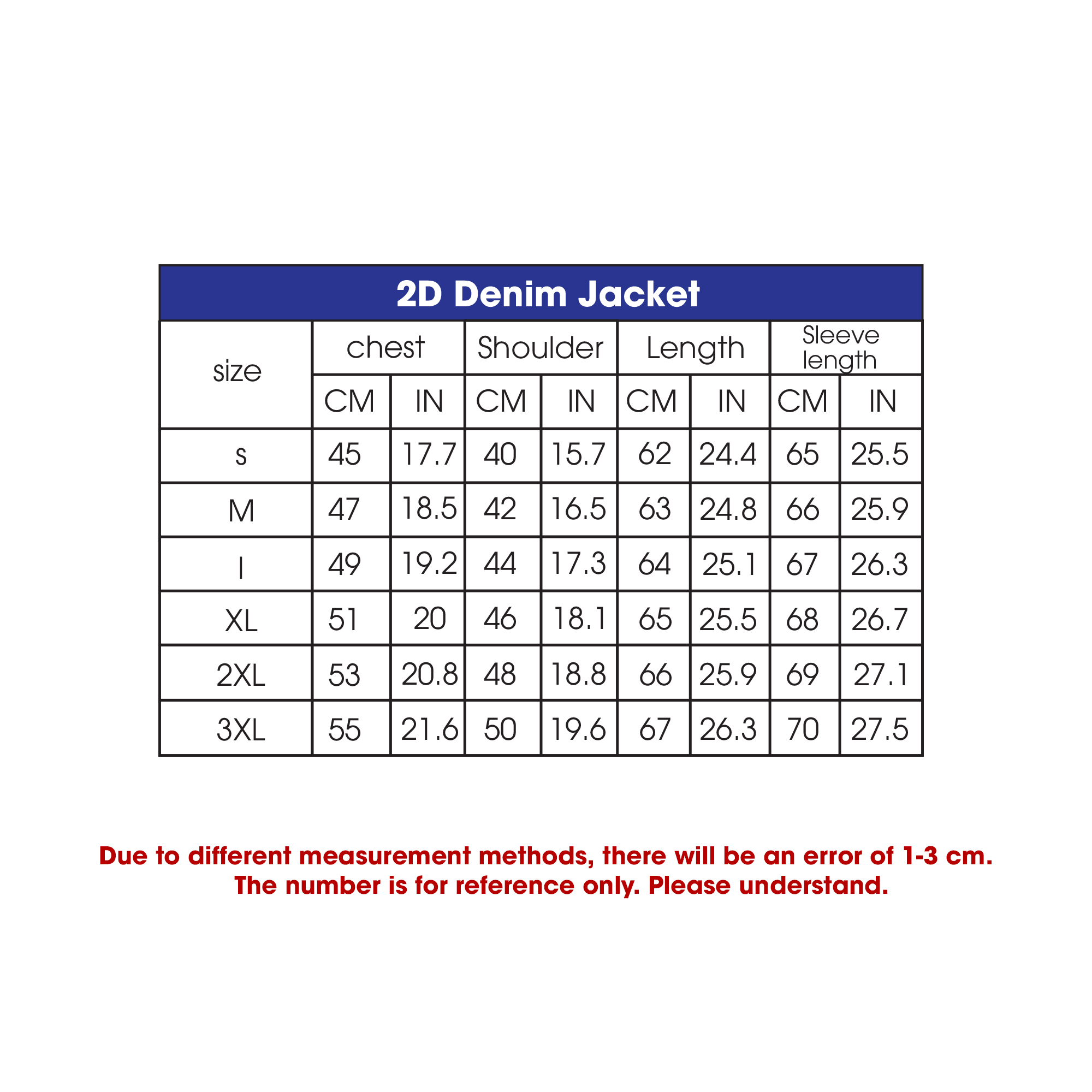 Denim Jacket Size Chart